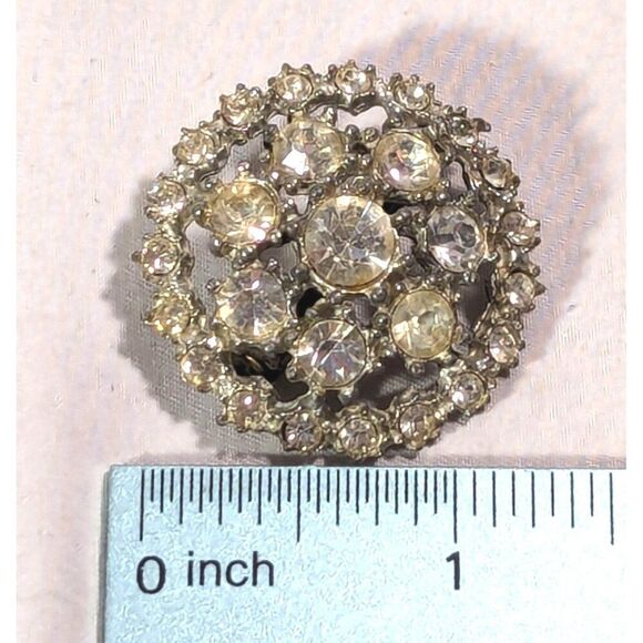 Silver Tone Cluster Rhinestone Crystal Round Brooch Pin Pendant Vintage 1950s - Picture 3 of 3